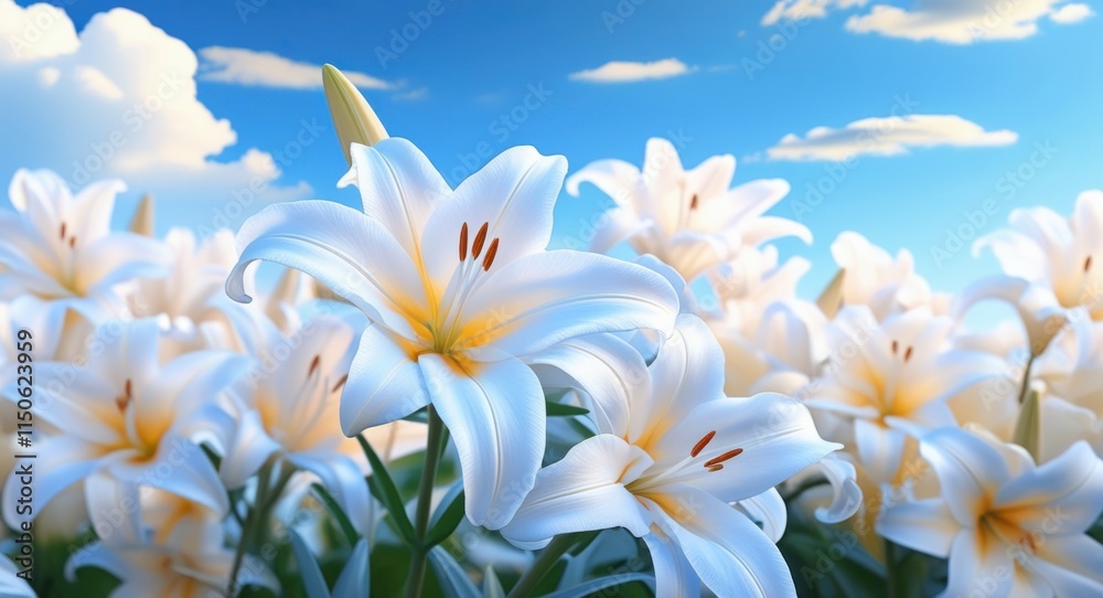 Obraz premium White lilies in bloom, field of flowers, bright sunny day, blue sky with fluffy clouds, mountain backdrop, vibrant nature scene, close-up floral photography, high contrast, vivid colors, summer landsc