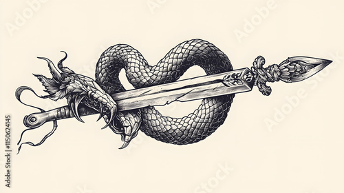 A tattoo design idea of a snake coiled around a dagger.