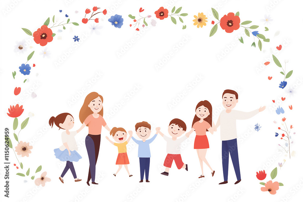 Fototapeta premium A vibrant family circle with parents and children surrounded by colorful flowers, radiating joy, connection, and warmth in a bright and cheerful setting.