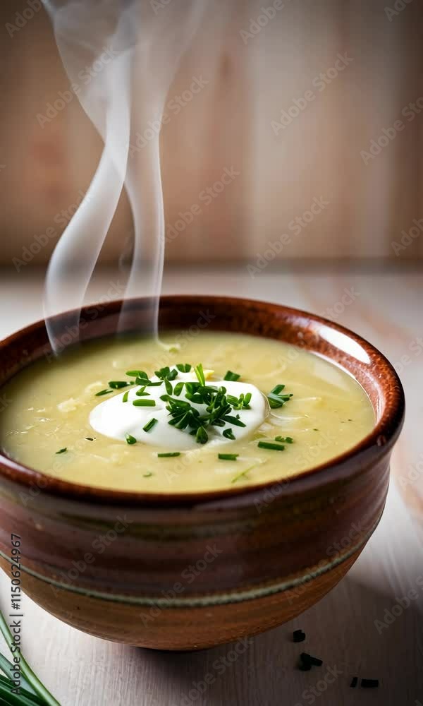 A steaming bowl of creamy potato and chive soup topped with sour cream and fresh chives A steaming bowl of creamy potato and chive soup topped with sour cream and fresh chives