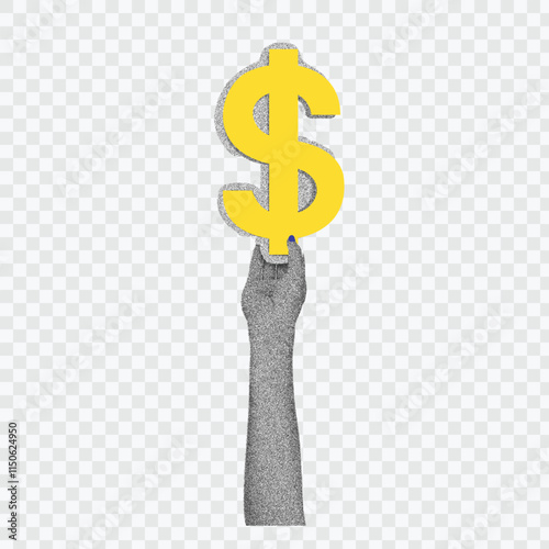 hand holding Golden dollar simbol with Vector Dotted Stipplism effect. Trendy Retro Photocopy effect Collage element. vintage 