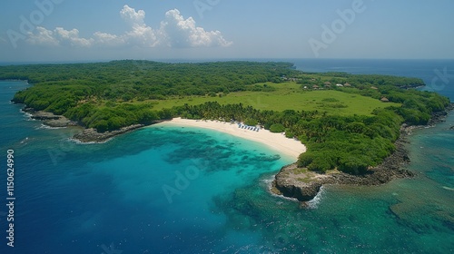 Tropical island paradise with pristine white sand beach and turquoise water. Aerial view of lush green vegetation, clear water, and a secluded cove.