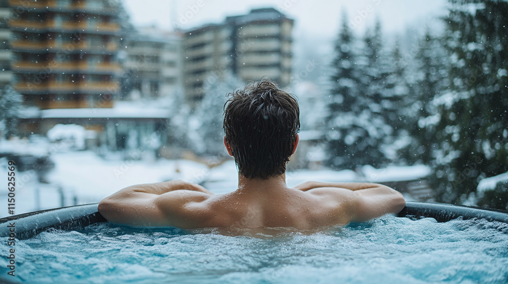 Rear view of young man enjoying relaxing hot water in a luxury outdoor jacuzzi at a hotel resort, surrounded by snowy city buildings, perfect winter vacation lifestyle in nature. Rear view of young man enjoying relaxing hot water in a luxury outdoor jacuzzi at a hotel resort, surrounded by snowy city buildings, perfect winter vacation lifestyle in nature.