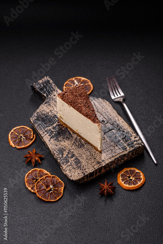 Slice of sweet cheesecake sprinkled with chopped chocolate