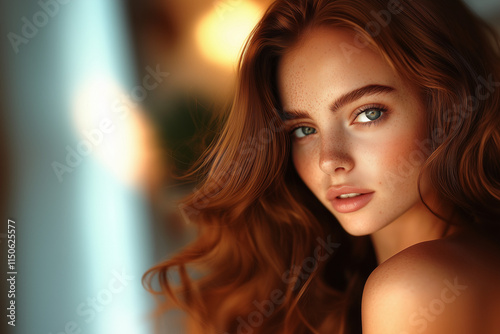 close-up of a stunning woman with flowing auburn hair, radiant skin, and intense blue-green eyes, illuminated by warm golden hour light, ideal for beauty and editorial projects. photo