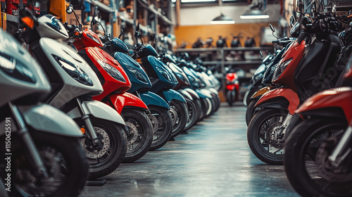 Row of modern scooters and motorcycles parked in a garage, showcasing a variety of vehicles available for rent and sale in an urban transportation shop, perspective, store. photo