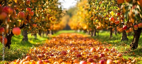 A tranquil autumn orchard with rows of apple trees heavy with fruit, golden leaves covering the ground, and a gentle breeze rustling through photo