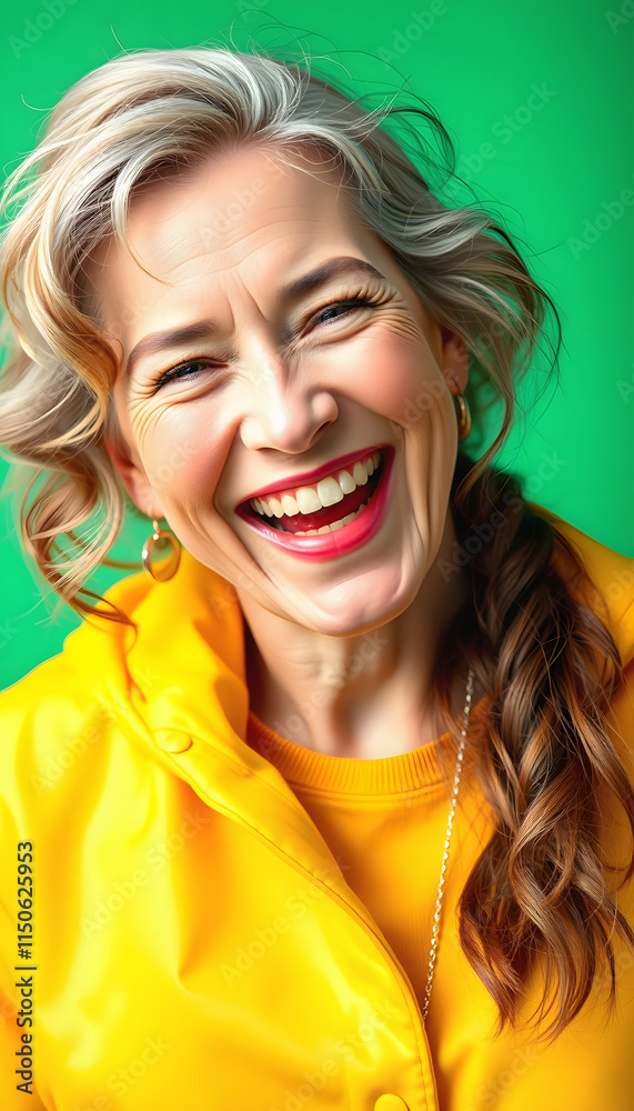 Fototapeta premium happy 40 years old ultra beauty Caucasian, who is smiling and laughing, wearing bright clothes. green background, studio photos. created by technology, vibrant, with white tones