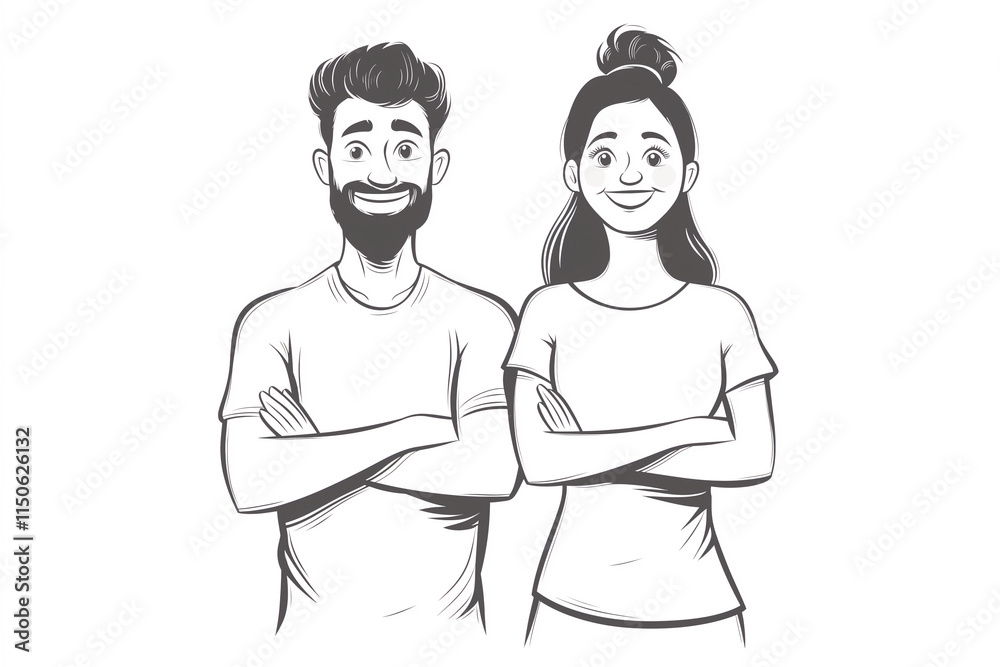 Obraz premium Black-and-white sketch of a smiling couple standing confidently side by side. Minimalist art style offers elegance and emotional focus. Perfect for creative uses.