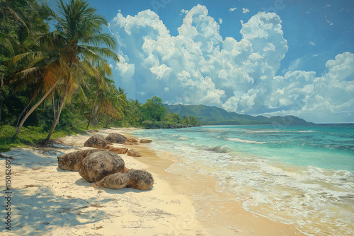 A stunning view of the rocks and palm trees on the beach in slice-shaped boulders, with golden sand at Anse stretching out into crystal-clear blue water with gentle waves lapping against them photo