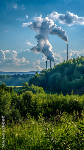 Serene Nature vs. Industrial Pollution: A Visual Paradox of Environmental Impact photo