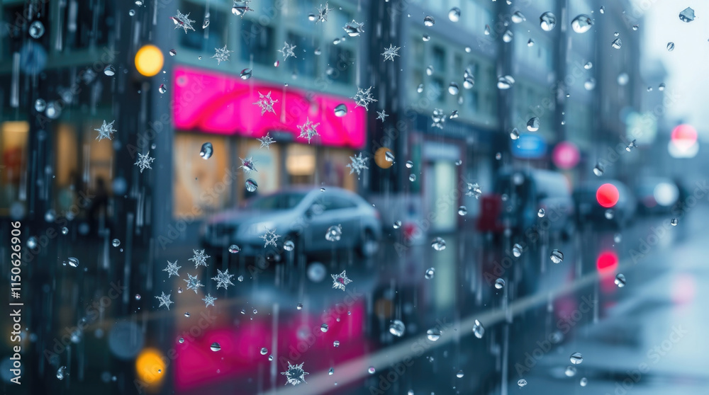 Rain and snow falling against the background of a blurred city street, stormy weather