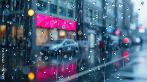 Obraz na płótnie Rain and snow falling against the background of a blurred city street, stormy weather w salonie