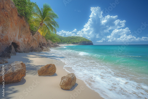 A stunning view of the rocks and palm trees on the beach in slice-shaped boulders, with golden sand at Anse stretching out into crystal-clear blue water with gentle waves lapping against them photo