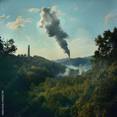 Serene Nature vs. Industrial Pollution: A Visual Paradox of Environmental Impact photo