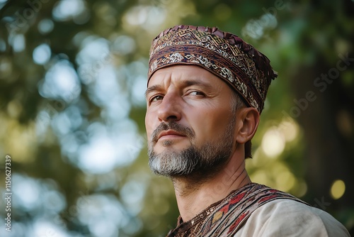 Confident kazakh man wearing traditional clothing and tubeteika hat in nature photo