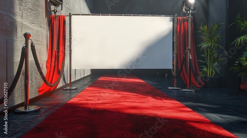 Fototapeta Naklejka Na Ścianę i Meble -  3D render a press wall on a red carpet, featuring a blank banner backdrop for event branding