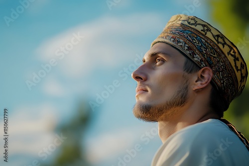 Young muslim man wearing traditional taqiyah is praying outdoors photo