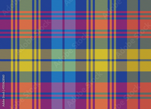 Bright Scottish tartan in a seamless geometric pattern with pink, blue, and yellow threads. Multicolored textile design. Traditional woven fabric. Checkered plaid vector illustration.