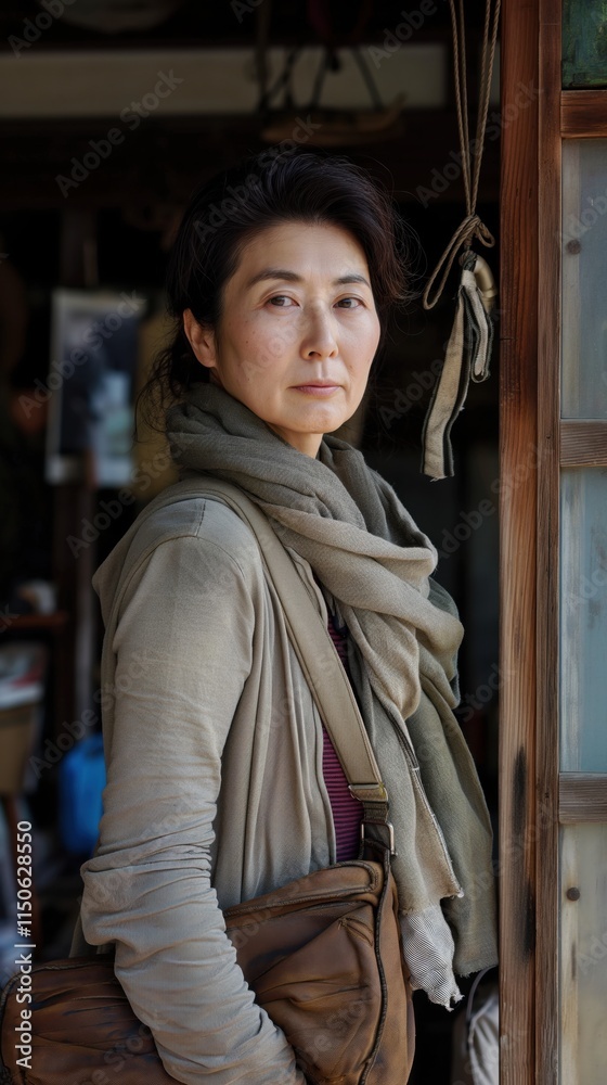 An East Asian woman in a doorway captures joy and tranquility, showcasing her natural beauty in a bright space An East Asian woman in a doorway captures joy and tranquility, showcasing her natural beauty in a bright space