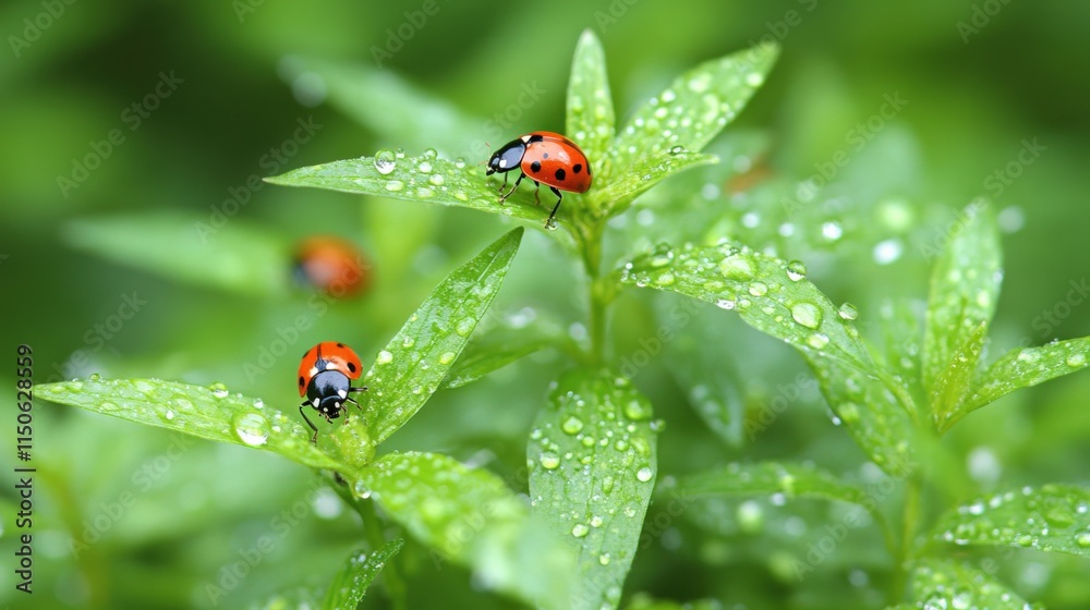 Vibrant Ladybugs on Dewy Green Leaves Vibrant Ladybugs on Dewy Green Leaves