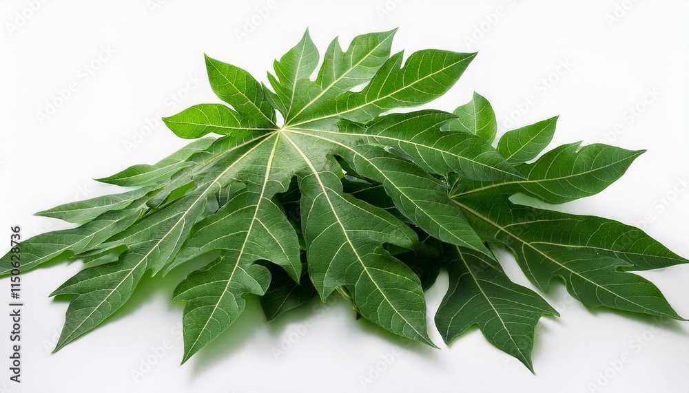 Vibrant green papaya leaves arranged on a white background. Vibrant green papaya leaves arranged on a white background.