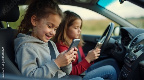 Children in the front seat of the car.