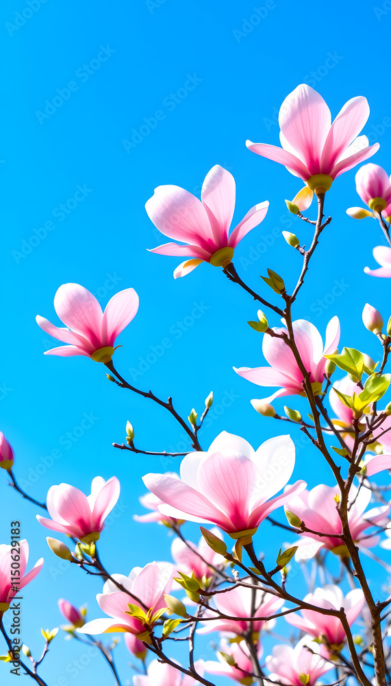Fototapeta premium Pink magnolia blossoms against a clear blue sky, springtime beauty and nature's elegance, vibrant floral scene, vibrant, with white tones