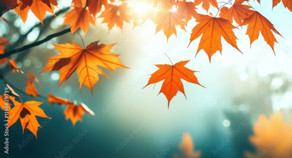 Autumn maple leaves, golden orange foliage, sunlight streaming through trees, misty forest background, ethereal atmosphere, dreamy bokeh, soft focus, vibrant fall colors, nature photography, shallow d