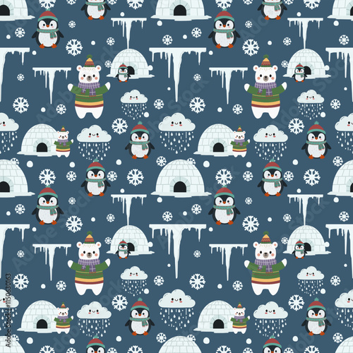 Winter seamless pattern on a blue background with different winter elements including polar bear, icicles, penguin and more . . . 