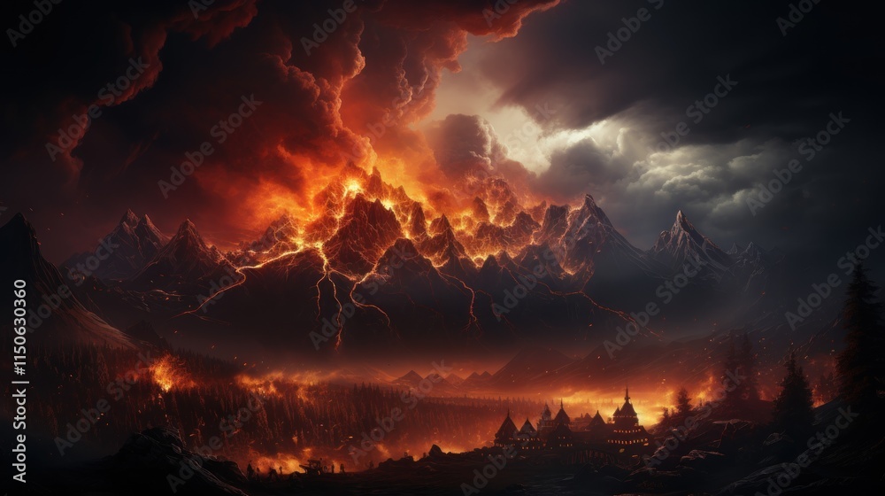Naklejka premium Fiery Mountain Inferno: A Volcanic Eruption's Devastation