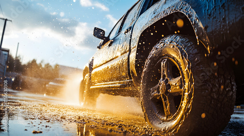 A wide-angle shot of a high-pressure car wash cleaning a pickup truck. photo
