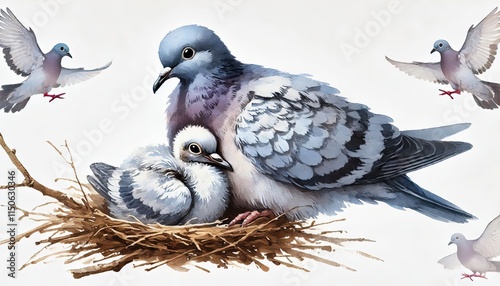 baby pigeon bird, parenting in nature, animal in watercolour painting in minimalist white background, photo