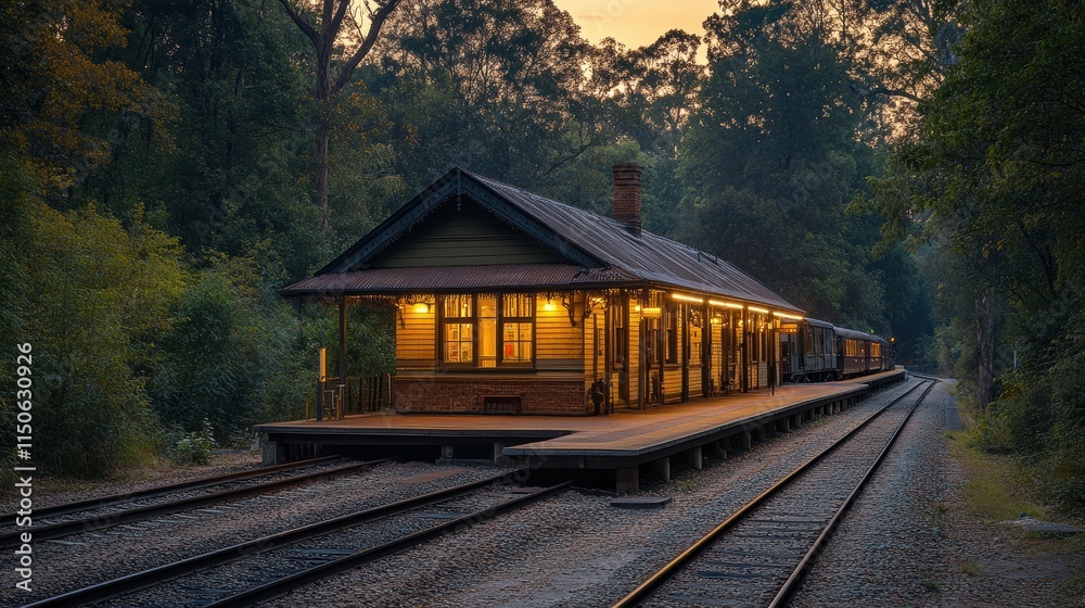 Fototapeta premium Old railway station at dusk illuminated by amber LED lights enhancing vintage architecture