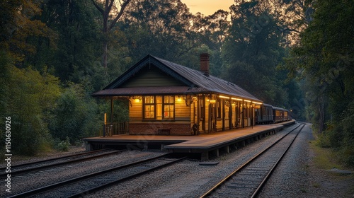 Wallpaper Mural Old railway station at dusk illuminated by amber LED lights enhancing vintage architecture Torontodigital.ca
