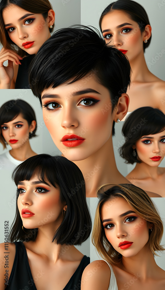 Obraz premium collage of beautiful women. beauty girls with short haircut and make-up, cinematic, with white tones