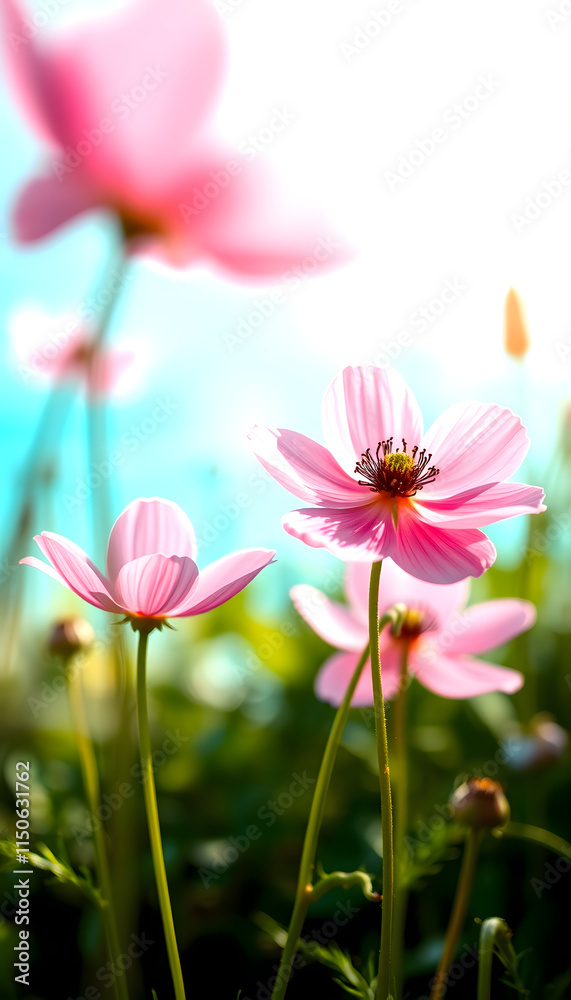 Close up of delicate pink anemone flowers outdoors in summer set against a turquoise background with selective soft focus creating a dreamy copy space image of natural beauty, Dreamy, with white tones Close up of delicate pink anemone flowers outdoors in summer set against a turquoise background with selective soft focus creating a dreamy copy space image of natural beauty, Dreamy, with white tones