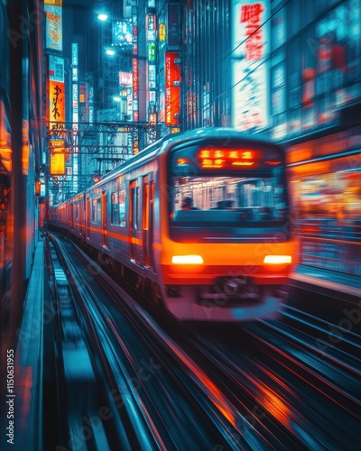 Train glides over city street illuminated by bright lights in urban