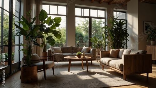 A light-filled living room with large windows, lots of plants, and light brown furniture.