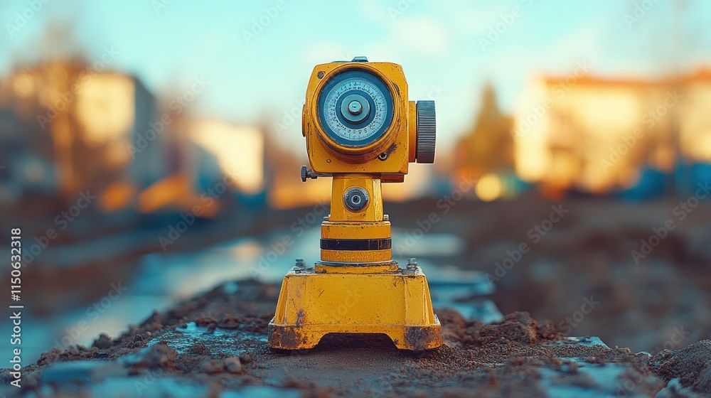 Yellow surveying instrument on construction site. Yellow surveying instrument on construction site.