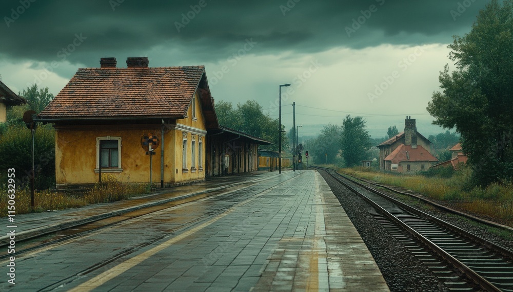 Naklejka premium Cloudy railway station captured from a low angle in the 1980s