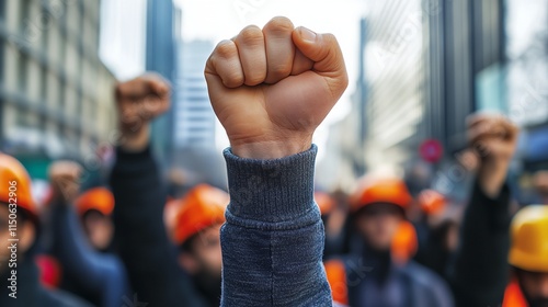 A fist is raised in the air in a crowd of people