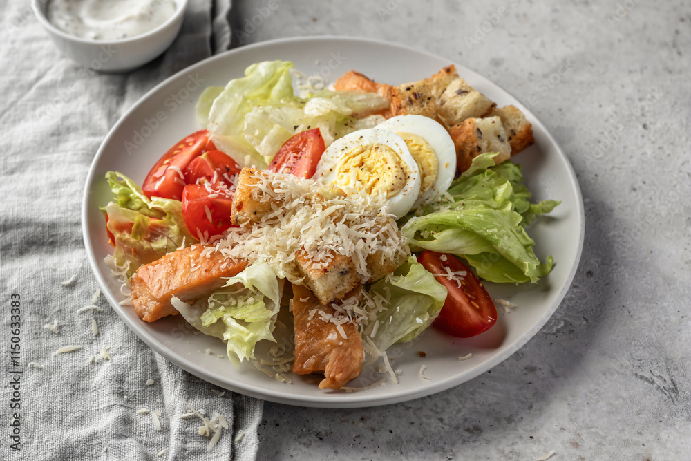 Caesar salad with chicken meat, green iceberg salad, eggs, tomatoes and parmesan cheese on gray background Caesar salad with chicken meat, green iceberg salad, eggs, tomatoes and parmesan cheese on gray background