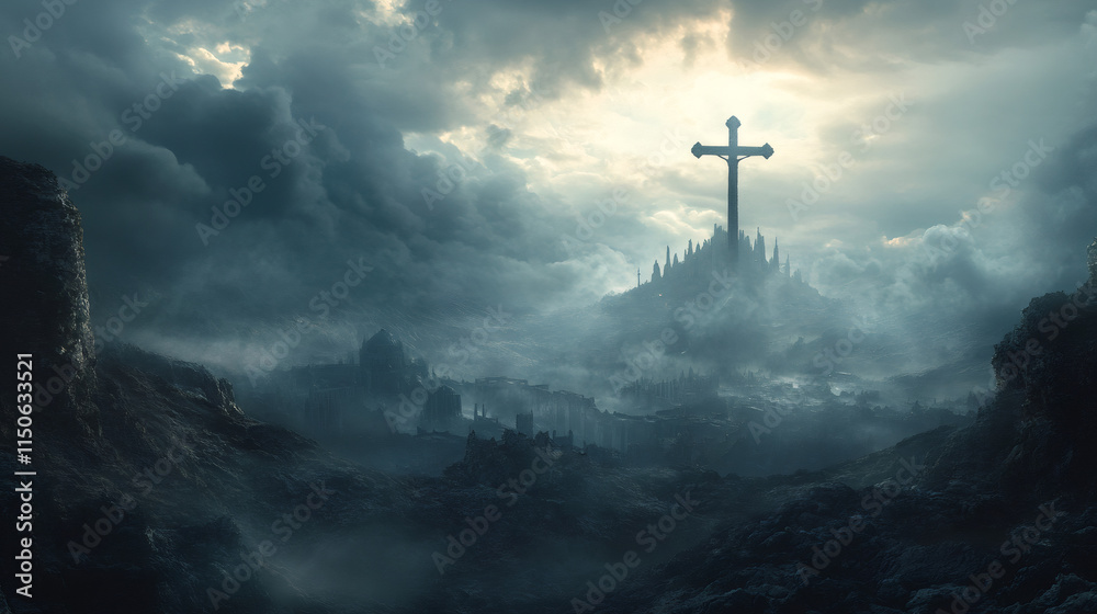 Naklejka premium Mystical and evocative atmosphere: dramatic landscape with a large cross on a hill, overlooking a ruined city beneath a dark and cloudy sky