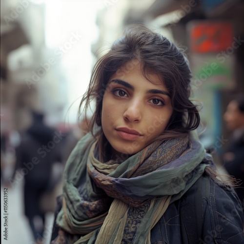 A Middle Eastern woman with a warm smile enjoys life on a busy street, her beauty highlighted by natural light