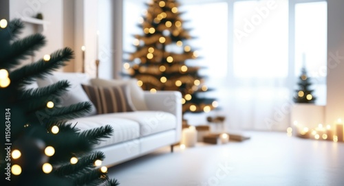 Christmas tree, cozy living room, blurred background, white table foreground, holiday decorations, warm lights, festive atmosphere, soft focus, interior design, minimalist decor, winter ambiance, gold