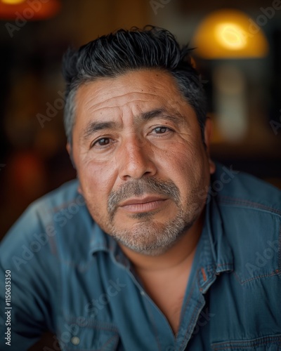 A joyful Hispanic man smiles warmly, his authentic expression highlighted by natural light and subtle background blur