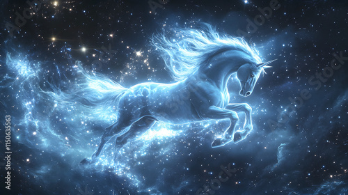 A celestial design of a pegasus flying through glowing constellations.