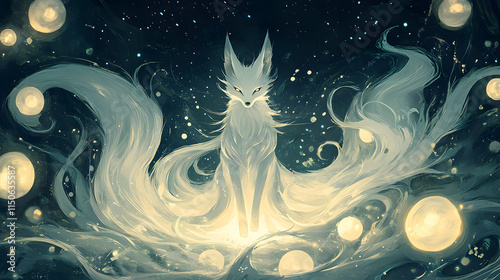 A celestial design of a nine-tailed fox surrounded by glowing orbs.