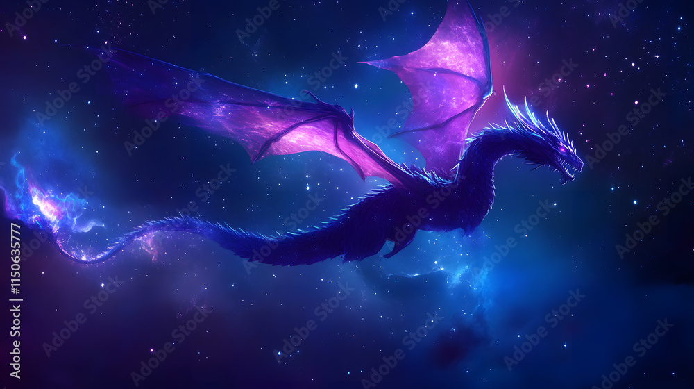 A celestial design of a stylized dragon flying through glowing constellations. A celestial design of a stylized dragon flying through glowing constellations.